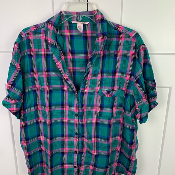 Victorias Secret XL 3 Piece Pajama Set Shorts Button Front Green Pink Plaid - Picture 6 of 11